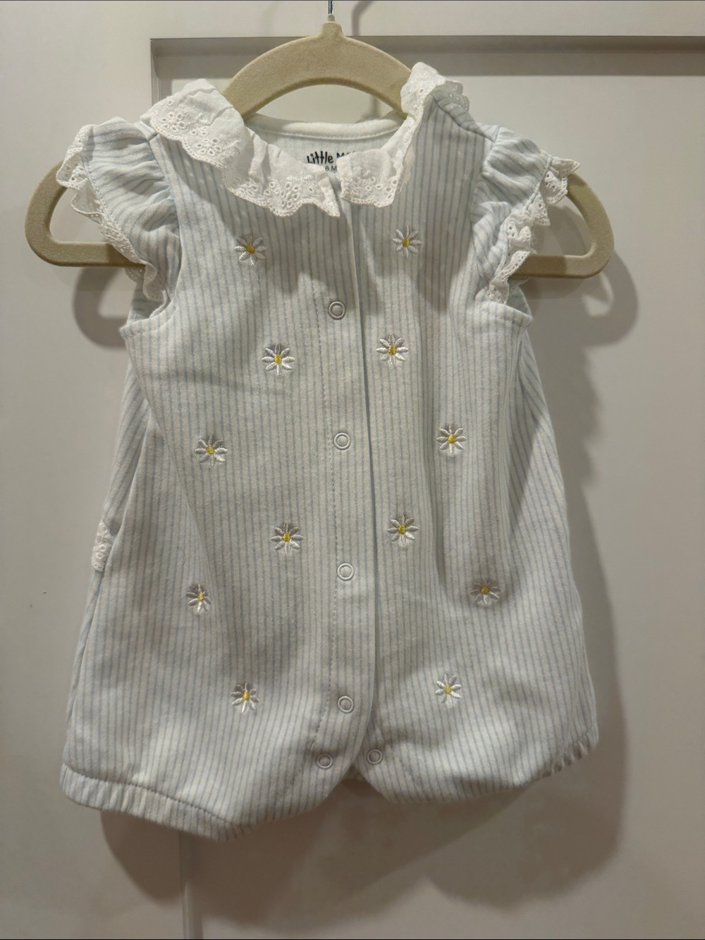 Little Me White Romper with Light Blue Pinstripes & Daisy Embroidery